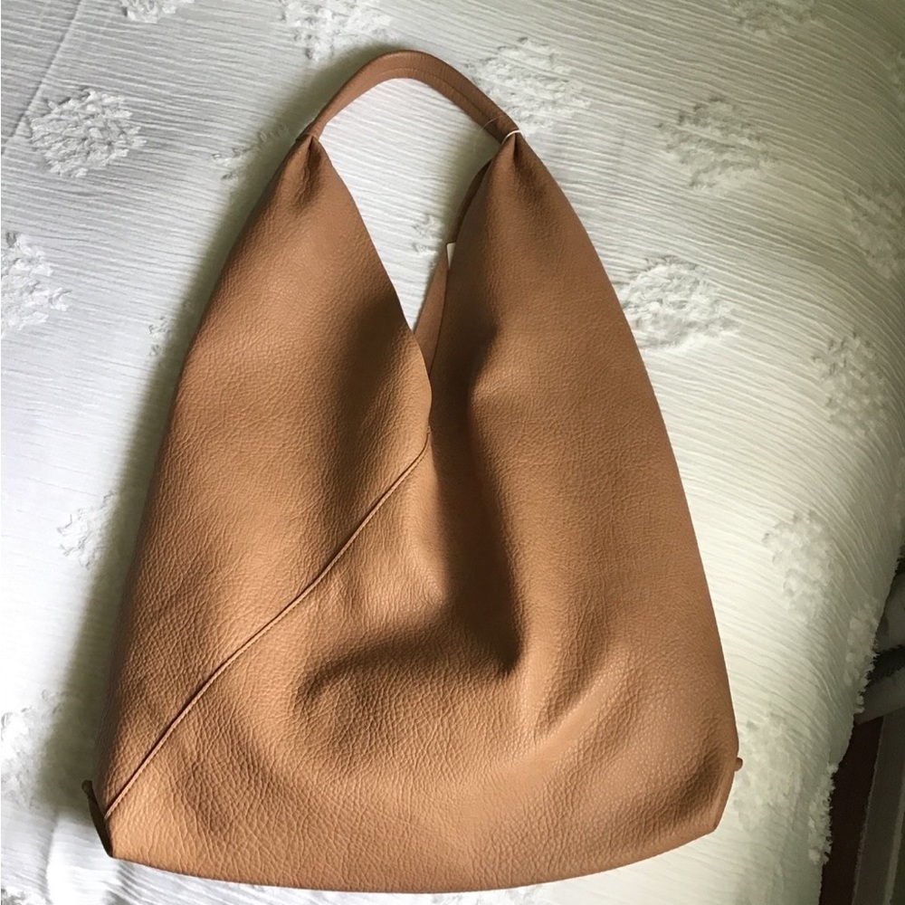Minimalist Tan Faux Leather Slouchy Hobo Tote Bag